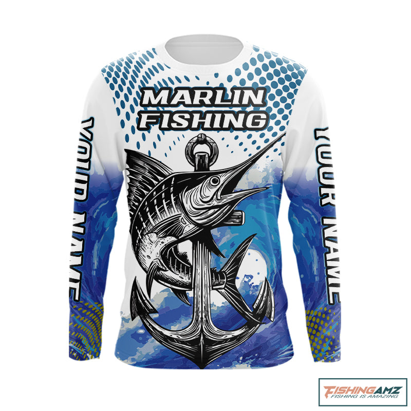 Personalized Blue Marlin Saltwater Fish Fishing Shirts Long Sleeve Custom Name Tournament Fishing Shirts NBT368