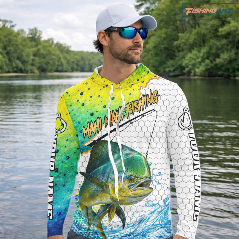 Offshore angler wearing Mahi Mahi UPF long sleeve fishing shirt on a fishing boat