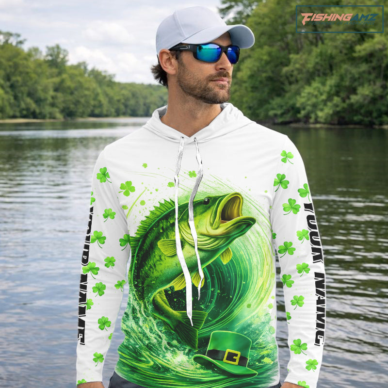 Personalized St Patrick's Day Shirts Largemouth Bass Fishing Long Sleeve Hooded, Custom Bass Fishing Jerseys NBT383