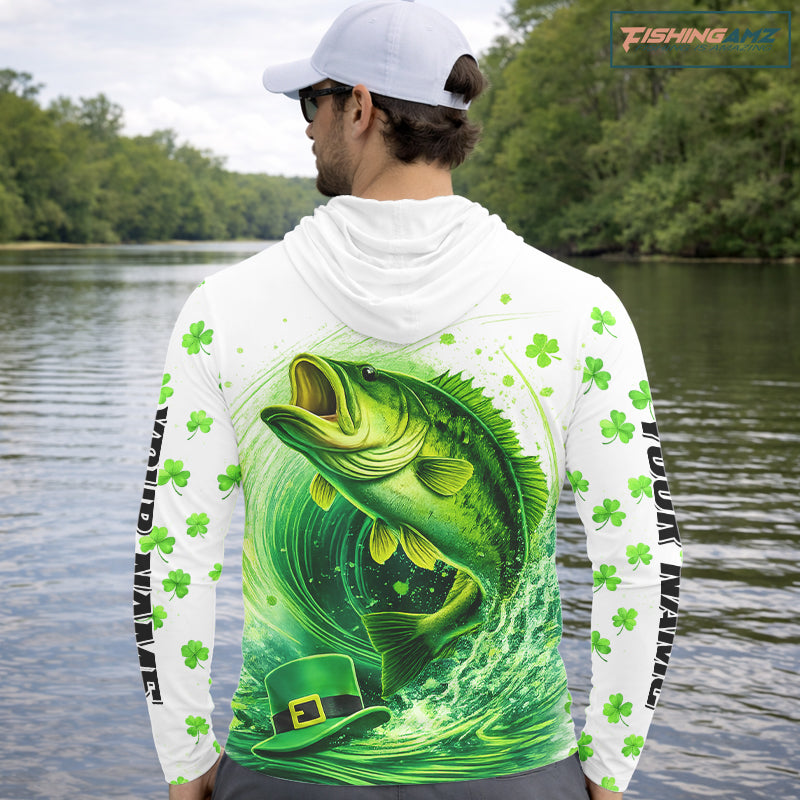 Personalized St Patrick's Day Shirts Largemouth Bass Fishing Long Sleeve Hooded, Custom Bass Fishing Jerseys NBT383