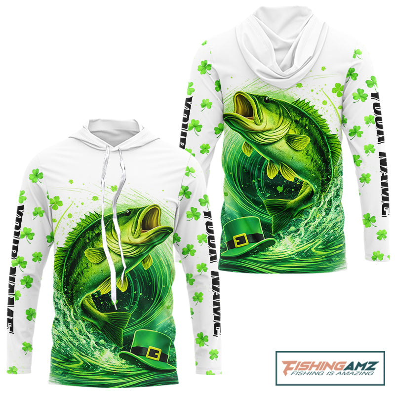 Personalized St Patrick's Day Shirts Largemouth Bass Fishing Long Sleeve Hooded, Custom Bass Fishing Jerseys NBT383