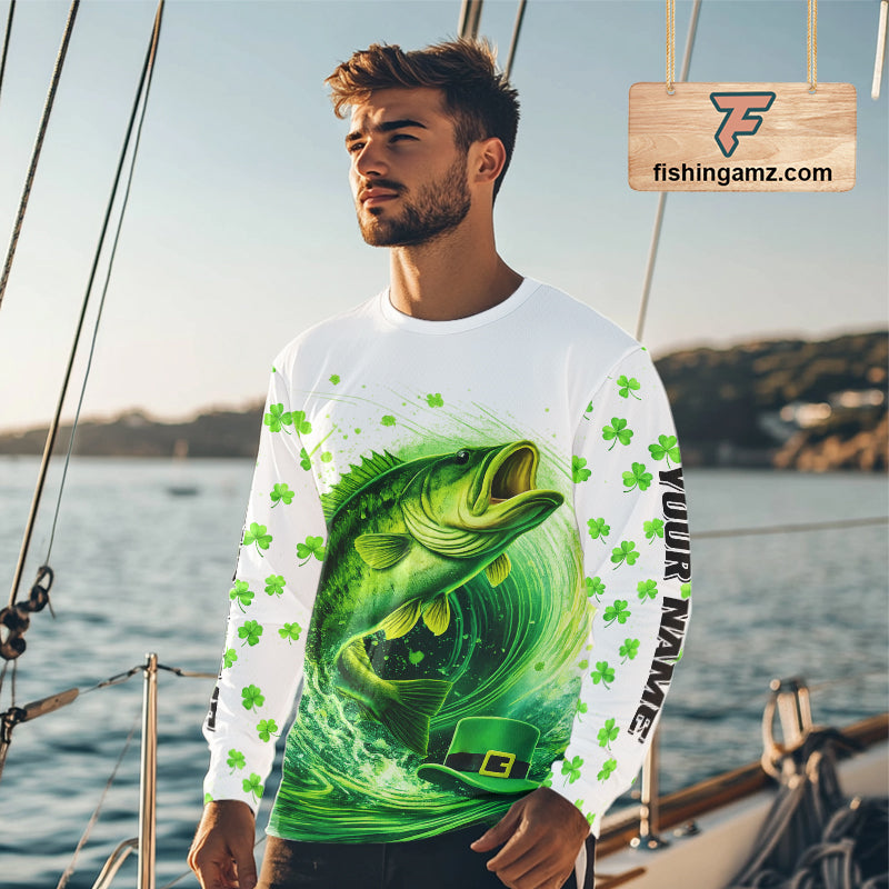Personalized St Patrick's Day Shirts Largemouth Bass Fishing Long Sleeve, Custom Bass Fishing Jerseys NBT383