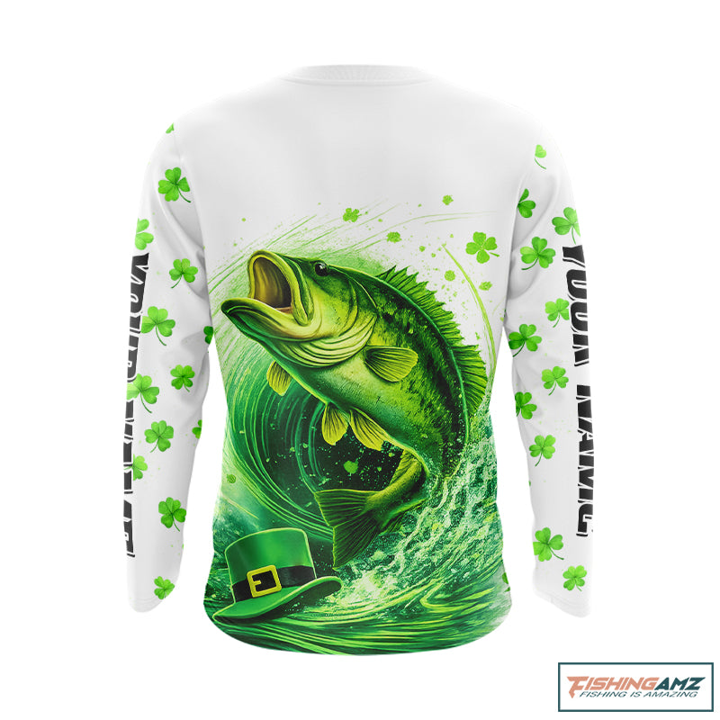 Personalized St Patrick's Day Shirts Largemouth Bass Fishing Long Sleeve, Custom Bass Fishing Jerseys NBT383