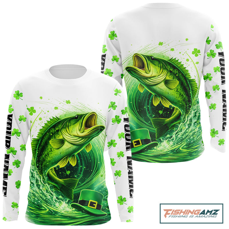 Personalized St Patrick's Day Shirts Largemouth Bass Fishing Long Sleeve, Custom Bass Fishing Jerseys NBT383