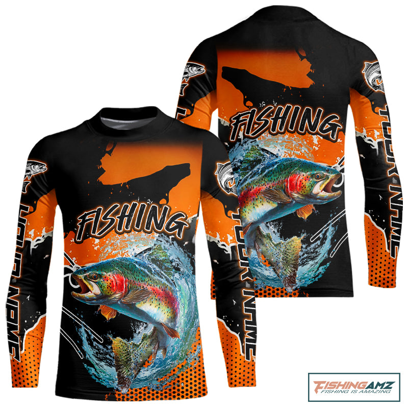 Rainbow Trout Fishing Custom Orange Long Sleeve Fishing Shirts, Trout Tournament Fishing Jerseys NBT343