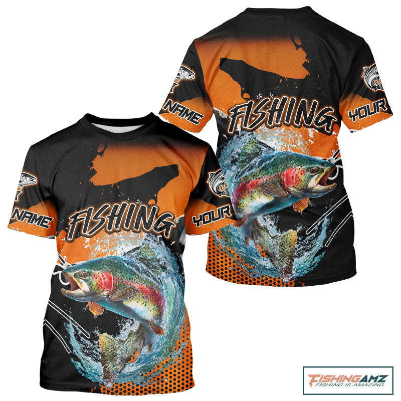 Rainbow Trout Fishing Custom Orange Long Sleeve Fishing Shirts, Trout Tournament Fishing Jerseys NBT343