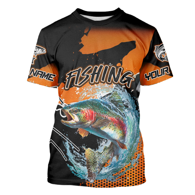 Rainbow Trout Fishing Custom Orange Long Sleeve Fishing Shirts, Trout Tournament Fishing Jerseys NBT343