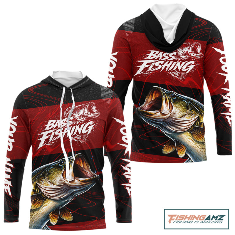 Personalized Bass Long Sleeve Hooded Fishing Shirts UV Protection, Bass Fishing Shirts For Men NBT435
