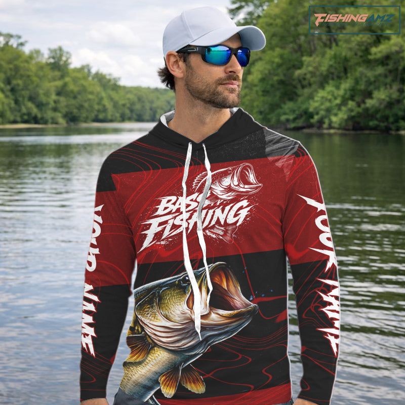 Personalized Bass Long Sleeve Hooded Fishing Shirts UV Protection, Bass Fishing Shirts For Men NBT435