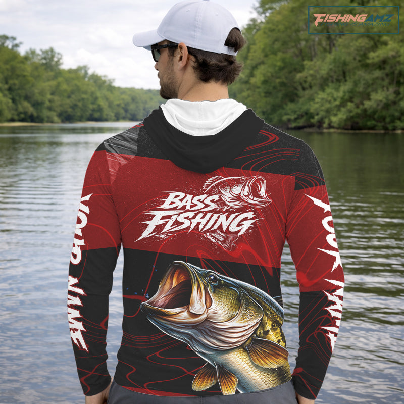 Personalized Bass Long Sleeve Hooded Fishing Shirts UV Protection, Bass Fishing Shirts For Men NBT435