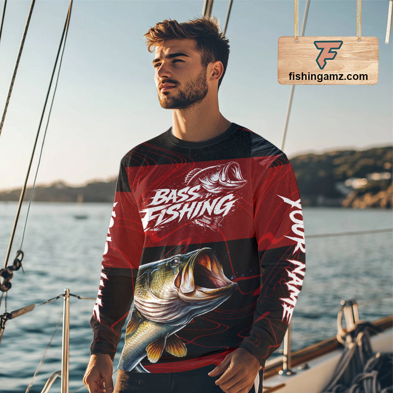 Personalized Bass Long Sleeve Fishing Shirts UV Protection, Bass Fishing Shirts For Men NBT435