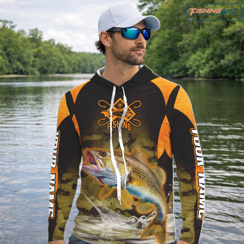 Personalized Walleye Long Sleeve Hooded Fishing Shirts Orange Camouflage, Walleye Fishing Shirts NBT395