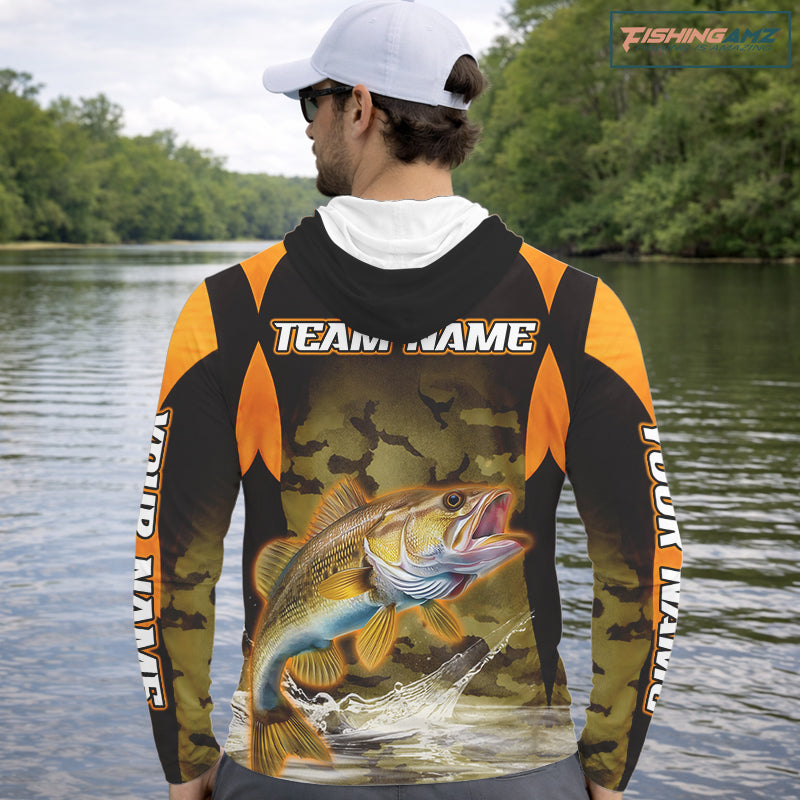 Personalized Walleye Long Sleeve Hooded Fishing Shirts Orange Camouflage, Walleye Fishing Shirts NBT395