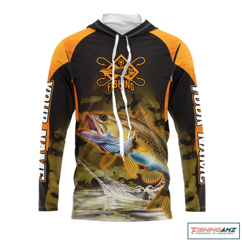 Personalized Walleye Long Sleeve Hooded Fishing Shirts Orange Camouflage, Walleye Fishing Shirts NBT395