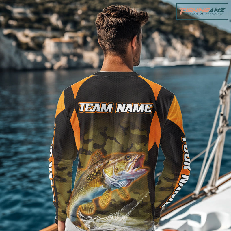 Personalized Walleye Long Sleeve Fishing Shirts Orange Camouflage, Walleye Fishing Shirts NBT395