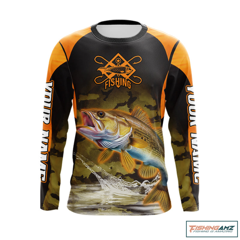 Personalized Walleye Long Sleeve Fishing Shirts Orange Camouflage, Walleye Fishing Shirts NBT395