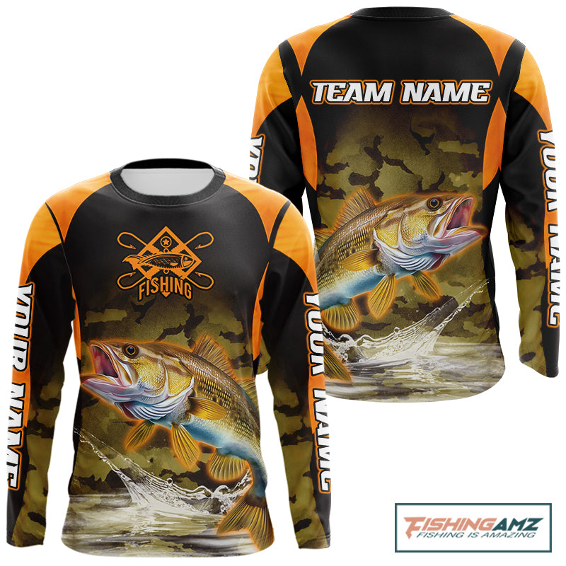 Personalized Walleye Long Sleeve Fishing Shirts Orange Camouflage, Walleye Fishing Shirts NBT395