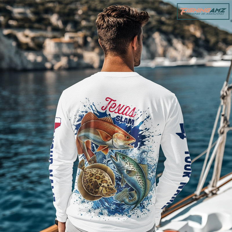 back view of custom saltwater UPF fishing shirt with long sleeves