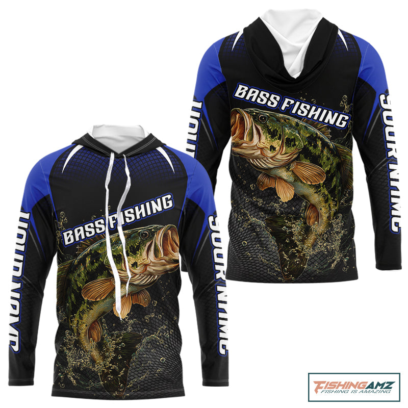 Custom Largemouth Bass Fishing Hooded Long Sleeve Shirt Blue Custom Name, Bass Fishing Tournament Shirts NBT357