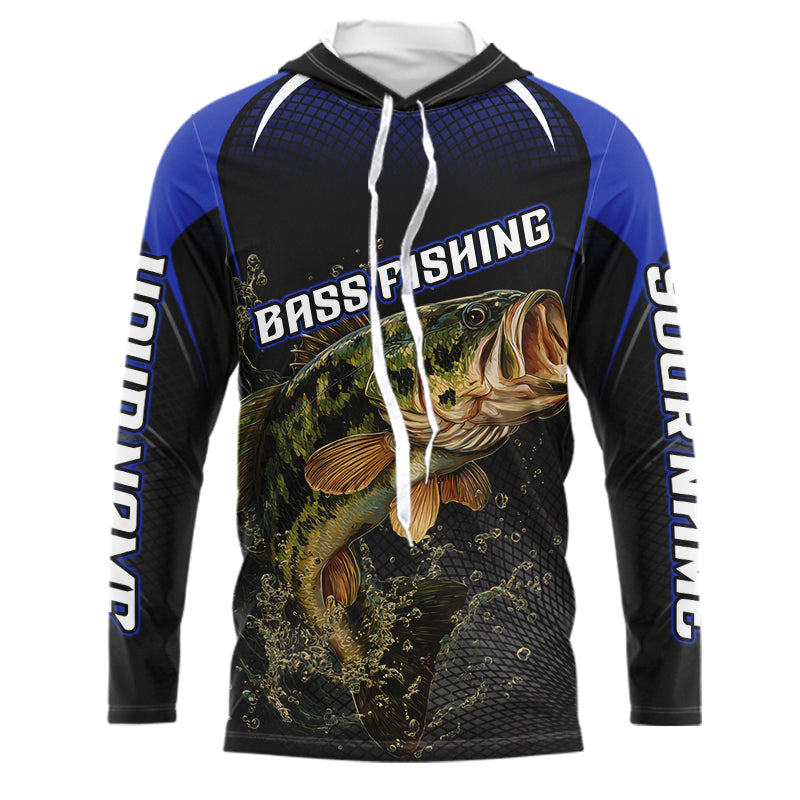 Custom Largemouth Bass Fishing Hooded Long Sleeve Shirt Blue Custom Name, Bass Fishing Tournament Shirts NBT357