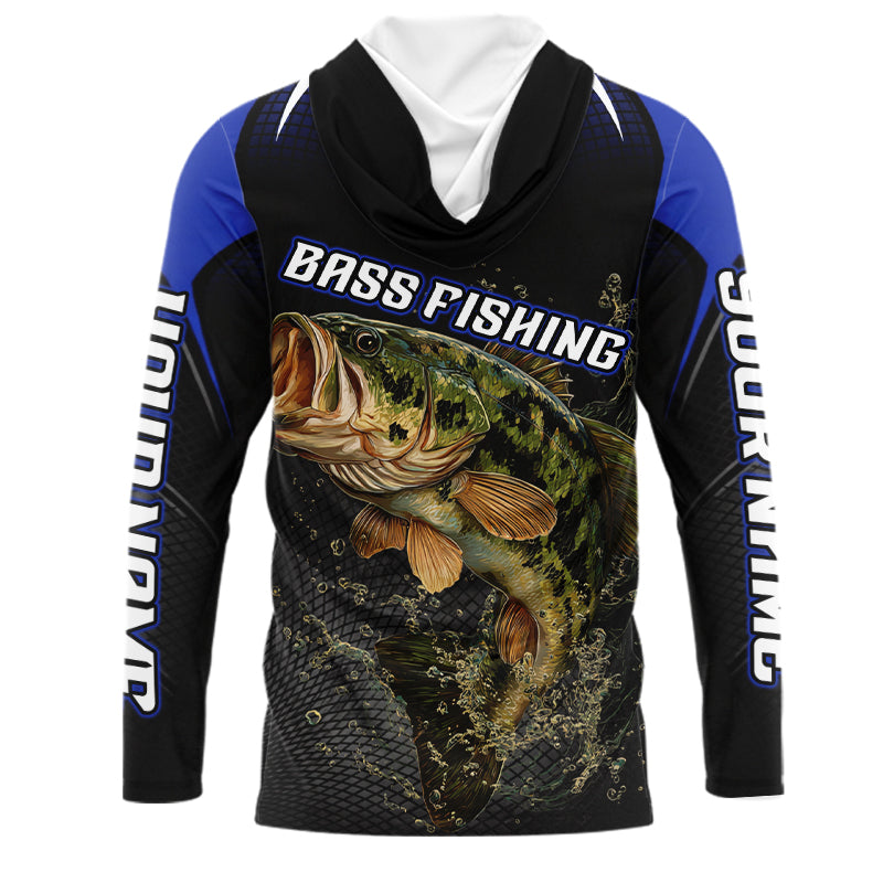 Custom Largemouth Bass Fishing Hooded Long Sleeve Shirt Blue Custom Name, Bass Fishing Tournament Shirts NBT357