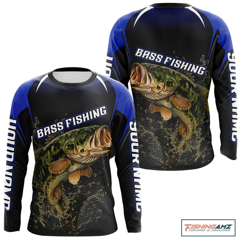 Largemouth Bass Fishing Shirts Long Sleeve UV Protection Blue Custom Name, Bass Fishing Team Jerseys  NBT357