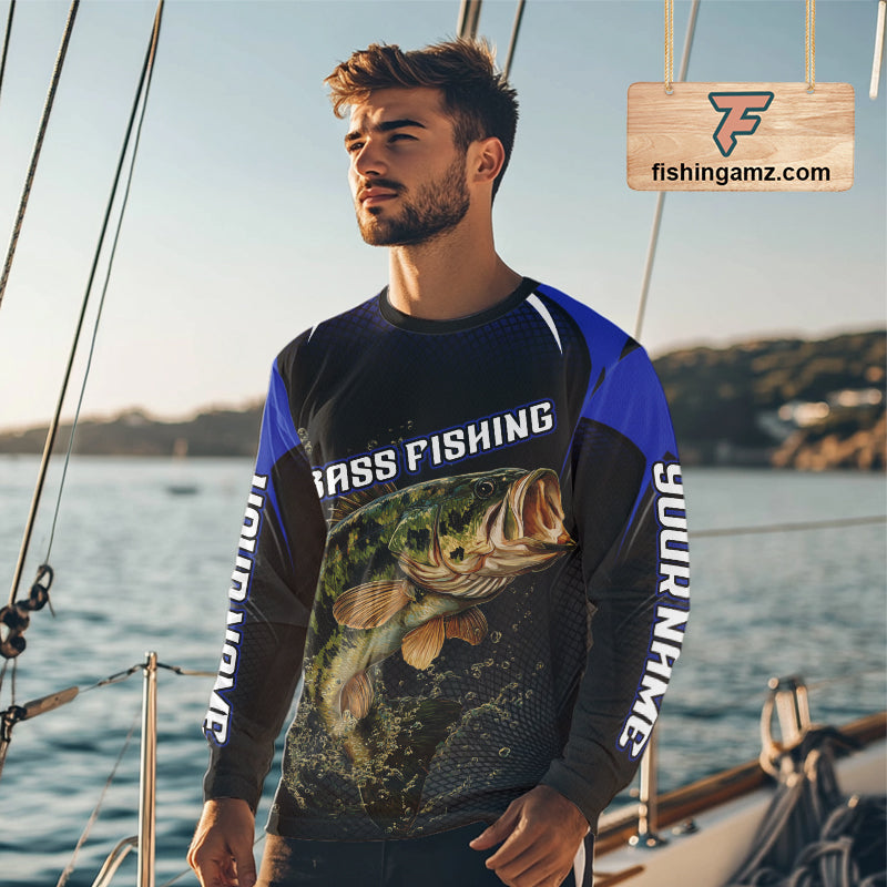 Largemouth Bass Fishing Shirts Long Sleeve UV Protection Blue Custom Name, Bass Fishing Team Jerseys  NBT357