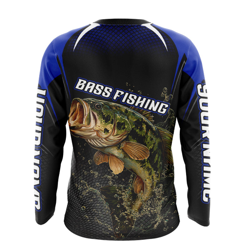 Largemouth Bass Fishing Shirts Long Sleeve UV Protection Blue Custom Name, Bass Fishing Team Jerseys  NBT357