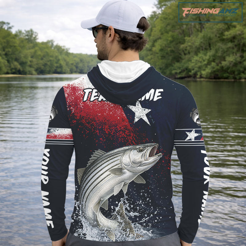 Custom Vintage Striped Bass Long Sleeve Hooded Patriotic Fishing Shirt For Men, Bass Texas Flag Fishing Shirt NHT768
