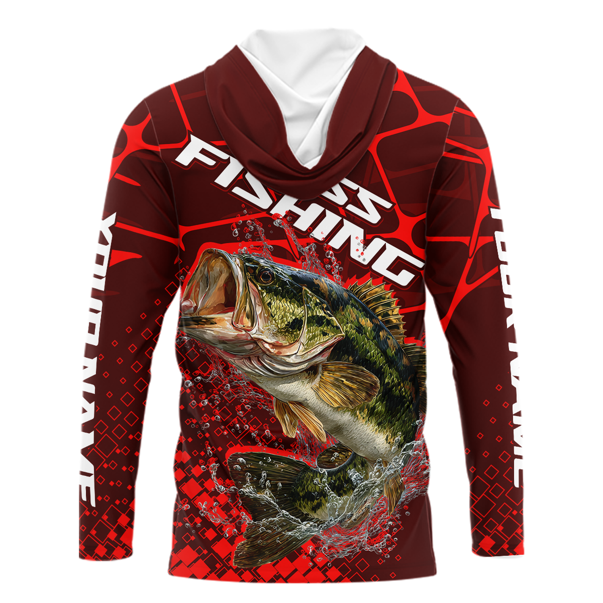 Largemouth Bass Fishing, Fishing Shirts Long Sleeve Hooded Scale, Fishing Gift |Red NHT391