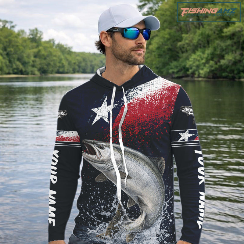 Custom Vintage Chinook Salmon Long Sleeve Hooded Patriotic Fishing Shirt For Men, Salmon Texas Flag Fishing Shirt NHT765
