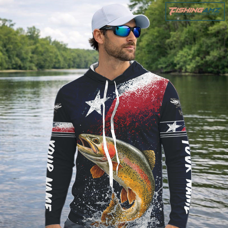Custom Vintage Rainbow Trout Long Sleeve Hooded Patriotic Fishing Shirt For Men, Trout Texas Flag Fishing Shirt NHT766