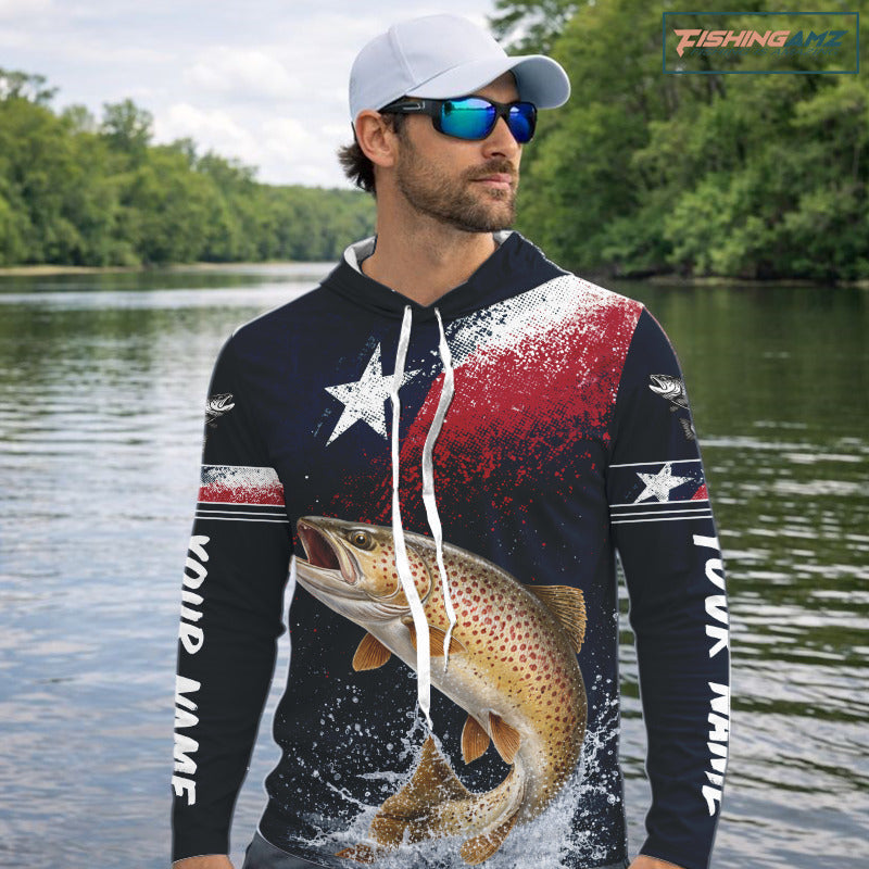 Custom Vintage Brown Trout Long Sleeve Hooded Patriotic Fishing Shirt For Men, Trout Texas Flag Fishing Shirt NHT767