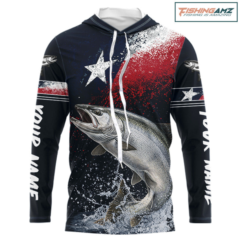 Custom Vintage Chinook Salmon Long Sleeve Hooded Patriotic Fishing Shirt For Men, Salmon Texas Flag Fishing Shirt NHT765