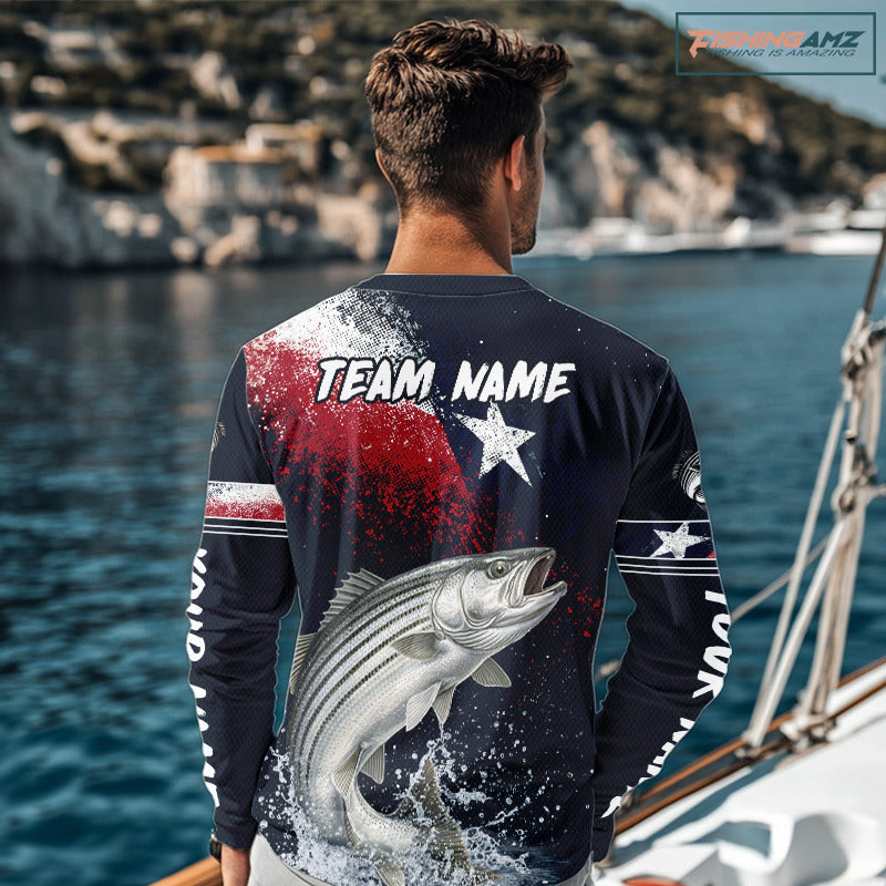 Custom Vintage Striped Bass Long Sleeve Patriotic Fishing Shirt For Men, Bass Texas Flag Fishing Shirt NHT768
