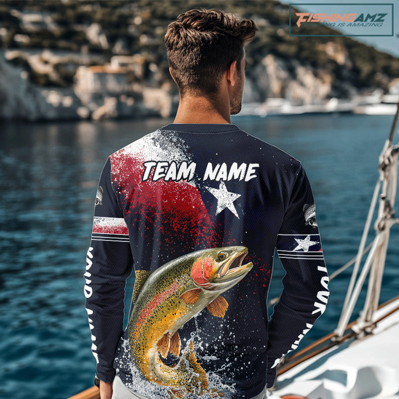 Custom Vintage Rainbow Trout Long Sleeve Patriotic Fishing Shirt For Men, Trout Texas Flag Fishing Shirt NHT766