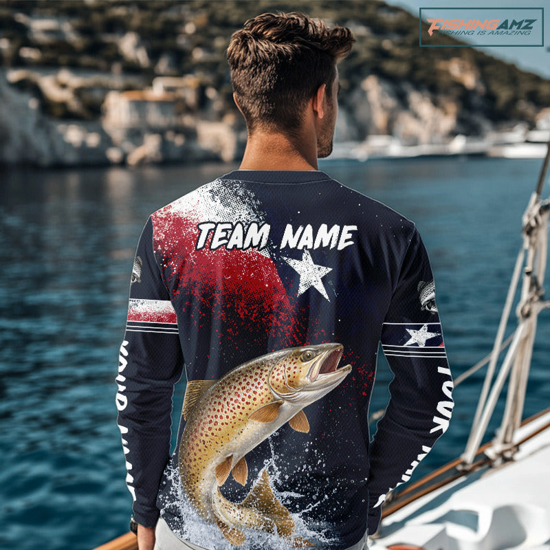Custom Vintage Brown Trout Long Sleeve Patriotic Fishing Shirt For Men, Trout Texas Flag Fishing Shirt NHT767