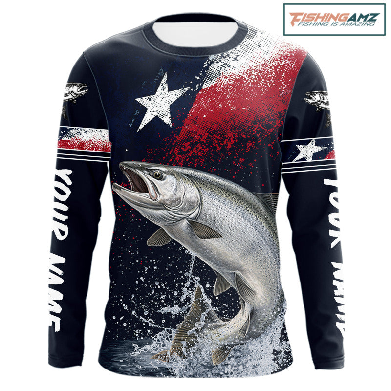 Custom Vintage Chinook Salmon Long Sleeve Patriotic Fishing Shirt For Men, Salmon Texas Flag Fishing Shirt NHT765