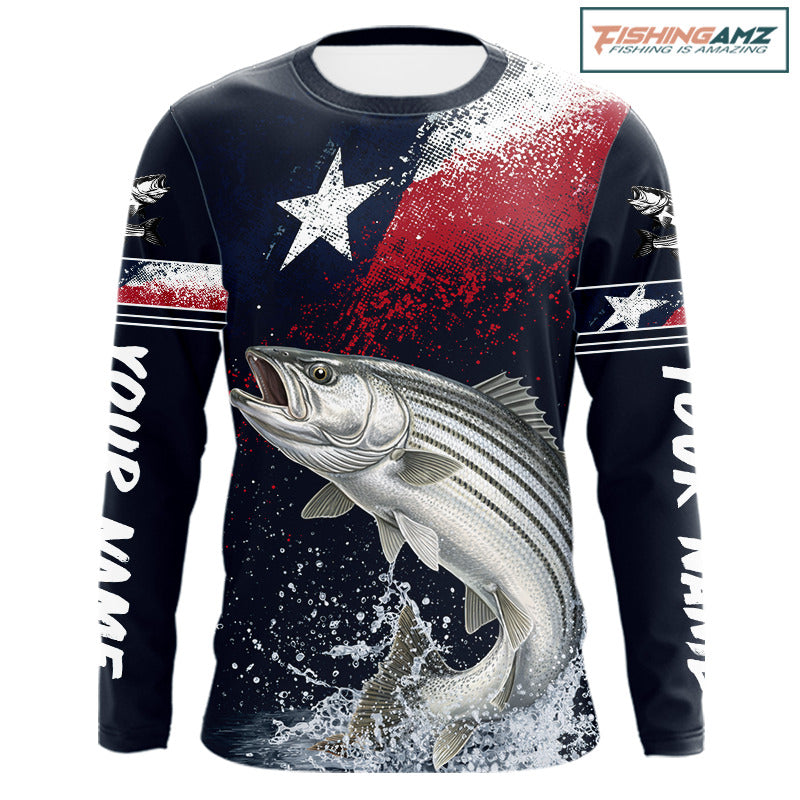 Custom Vintage Striped Bass Long Sleeve Patriotic Fishing Shirt For Men, Bass Texas Flag Fishing Shirt NHT768