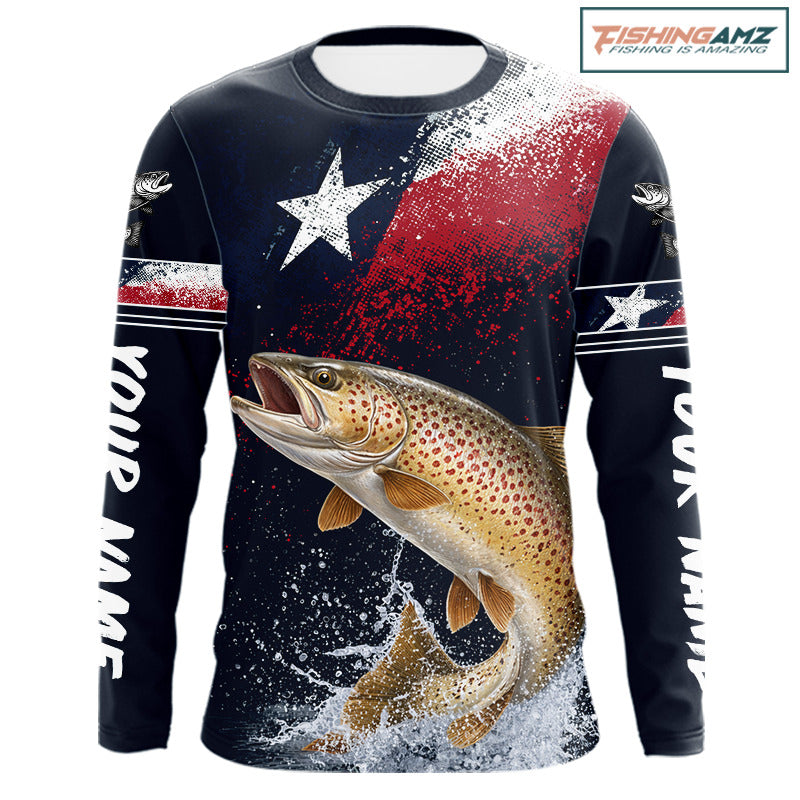 Custom Vintage Brown Trout Long Sleeve Patriotic Fishing Shirt For Men, Trout Texas Flag Fishing Shirt NHT767
