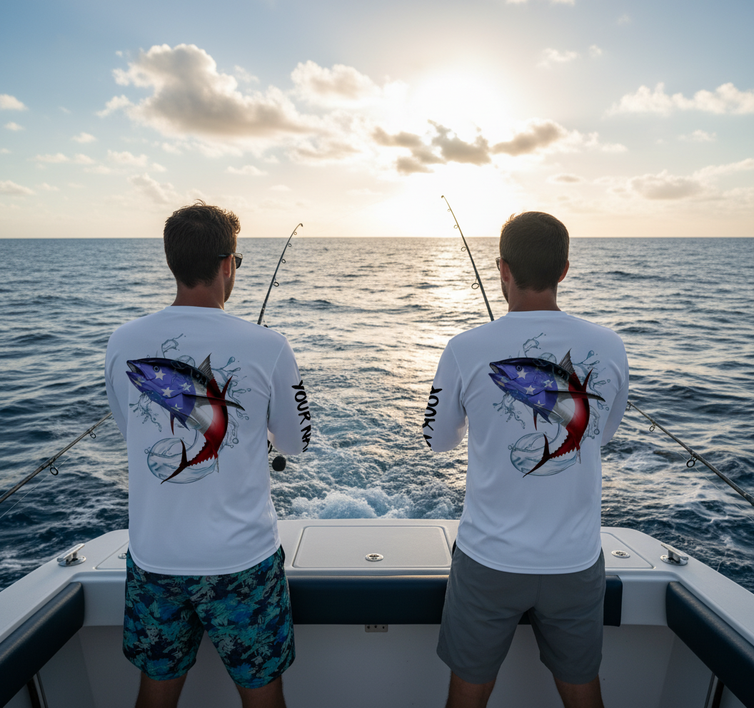 Tuna Fishing American Flag Custom performance Long Sleeve Fishing Shirts, Patriotic Fishing gifts - HPW161