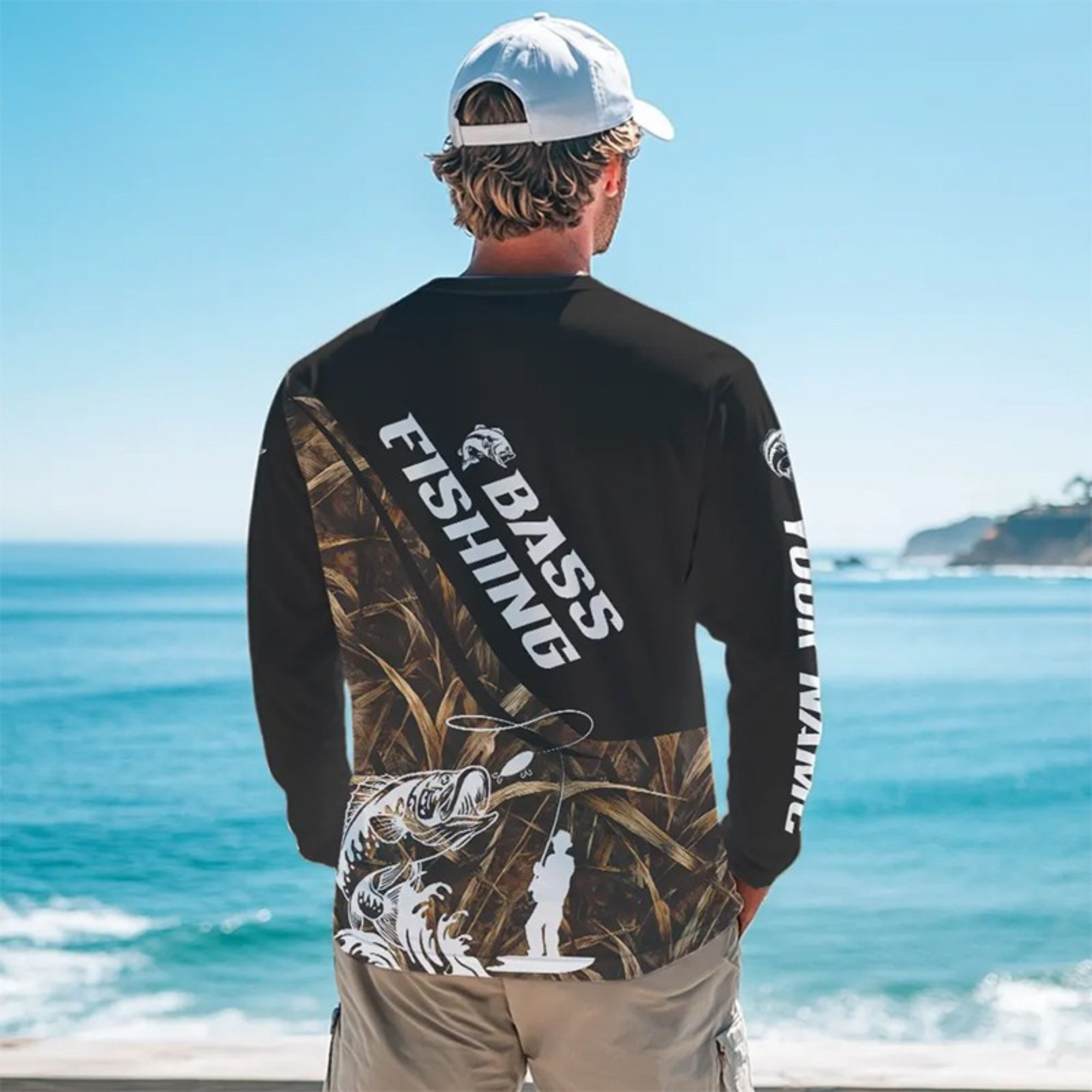 Personalized Largemouth Bass Tatto Grass Camo Customized Long Fishing Tournament Shirts NBT355