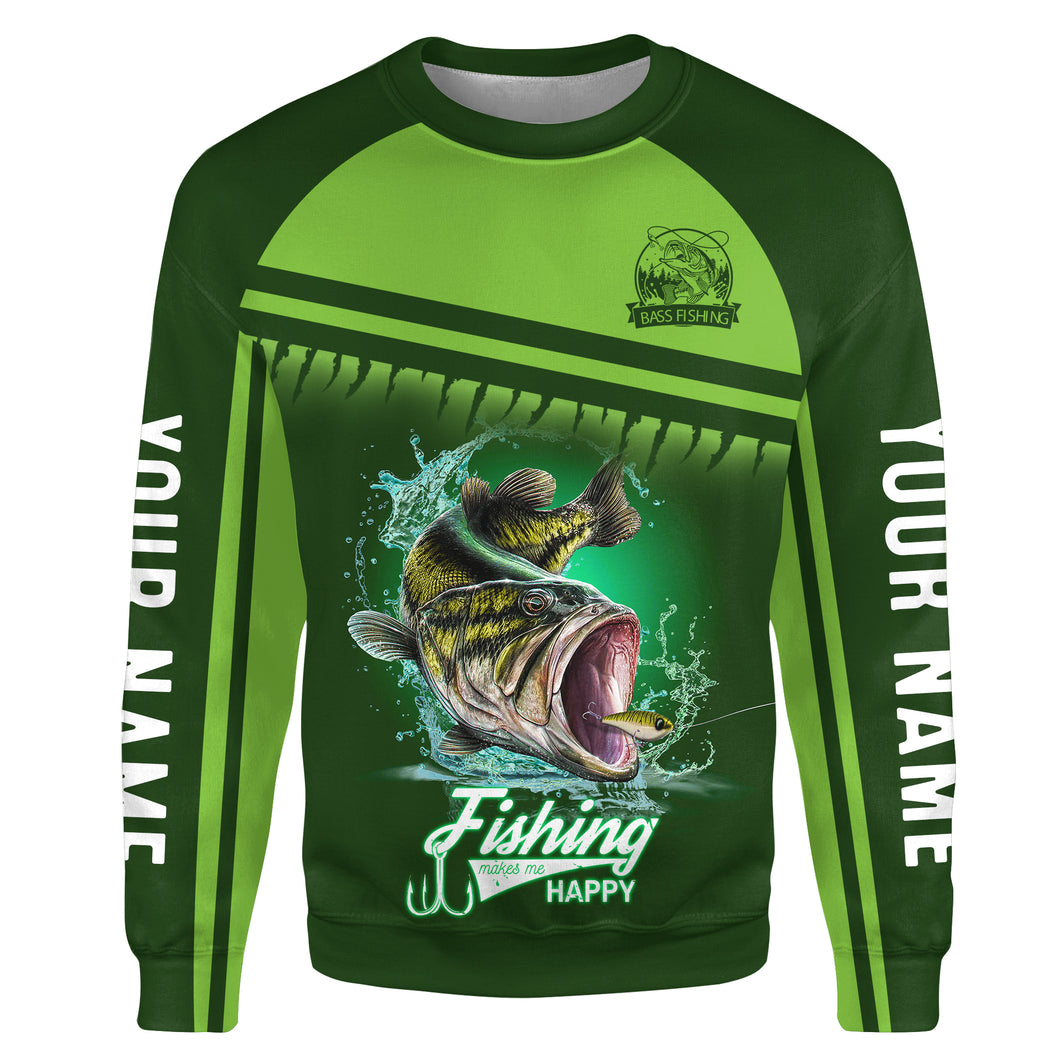 Bass Fishing makes me happy green lighting Custom name All Over Printed Crew Neck Sweatshirt TMTS024