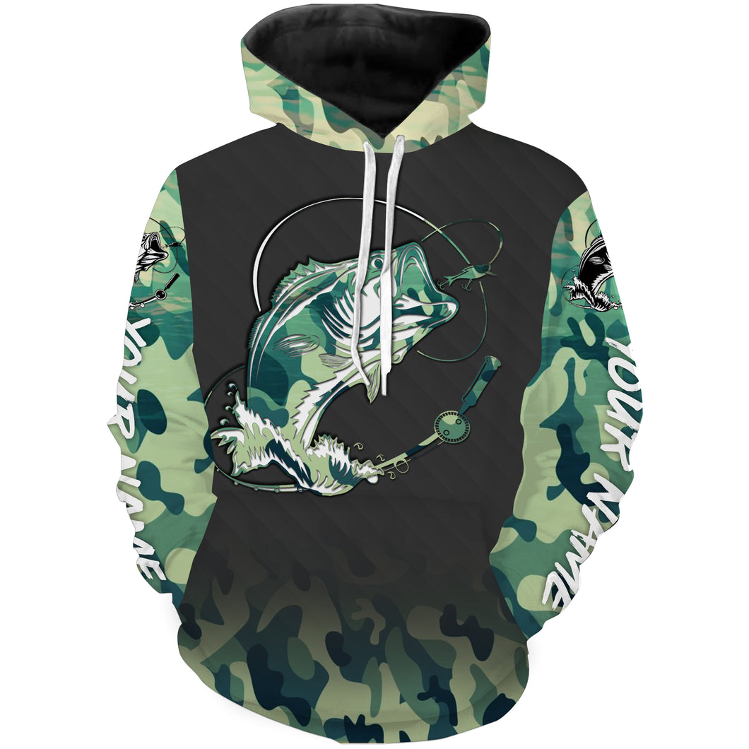 Bass Fishing Bass tattoo green camouflage Customize name 3D All Over Printed fishing hoodie TMTS039