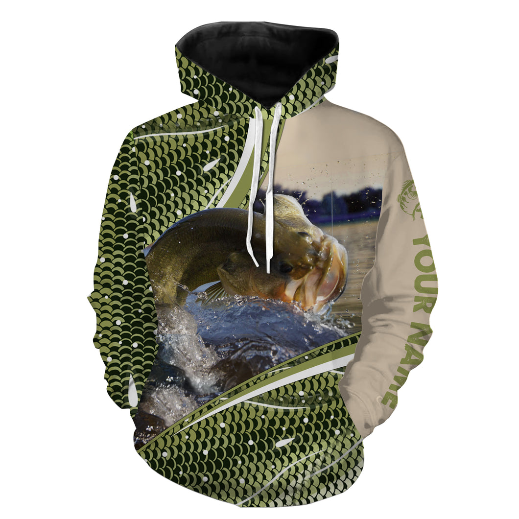 Bass Fishing Green Scale Customize name 3D All Over Printed fishing hoodie TMTS022
