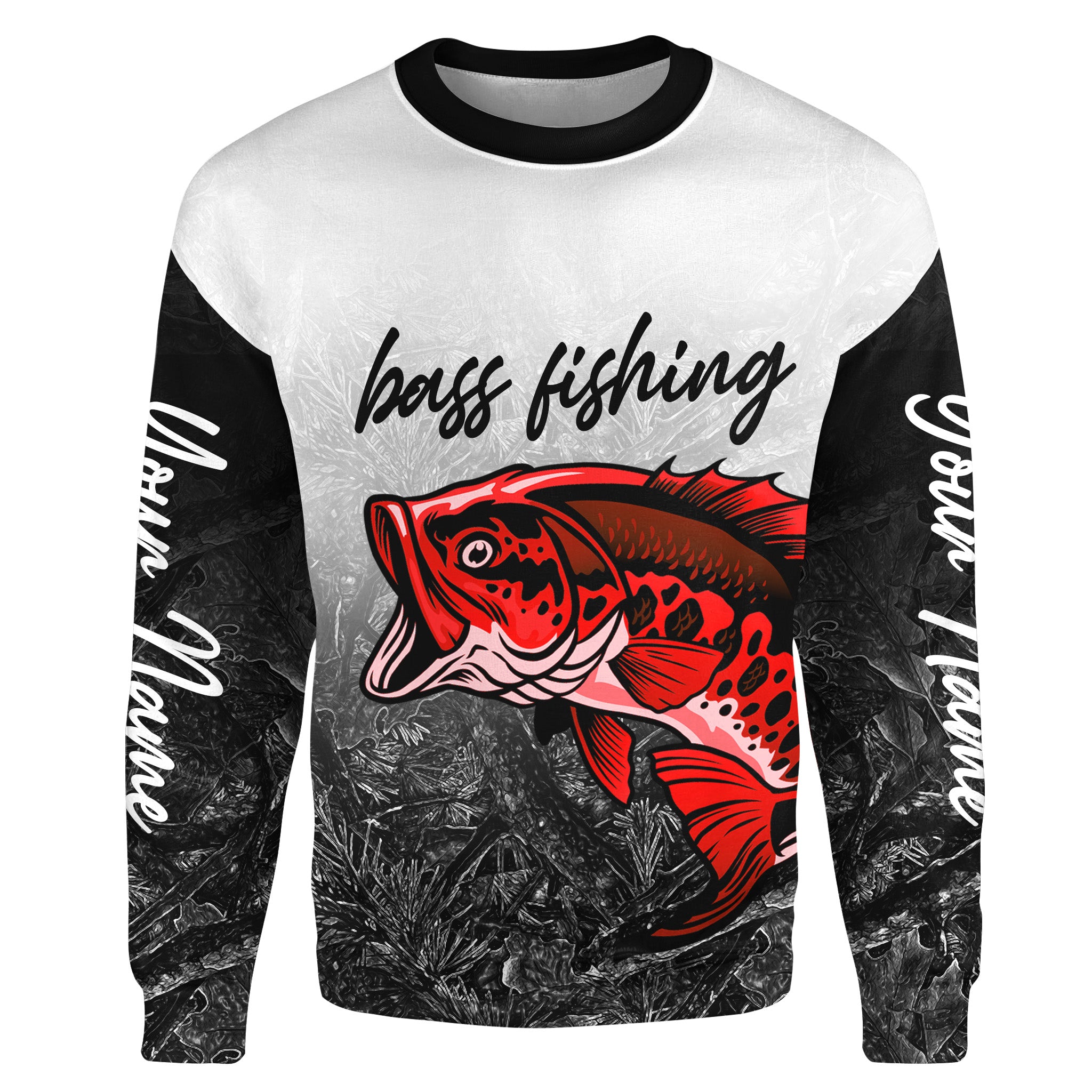 Red Bass Fishing Black Camo Custom Name 3D All Over Printed Shirts, fishing tournament shirts | Sweatshirt - TMTS040