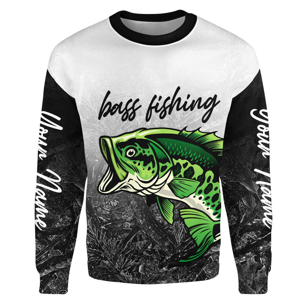 Green Bass Fishing Black Camo Custom Name 3D All Over Printed Shirts, fishing tournament shirts | Sweatshirt - TMTS041
