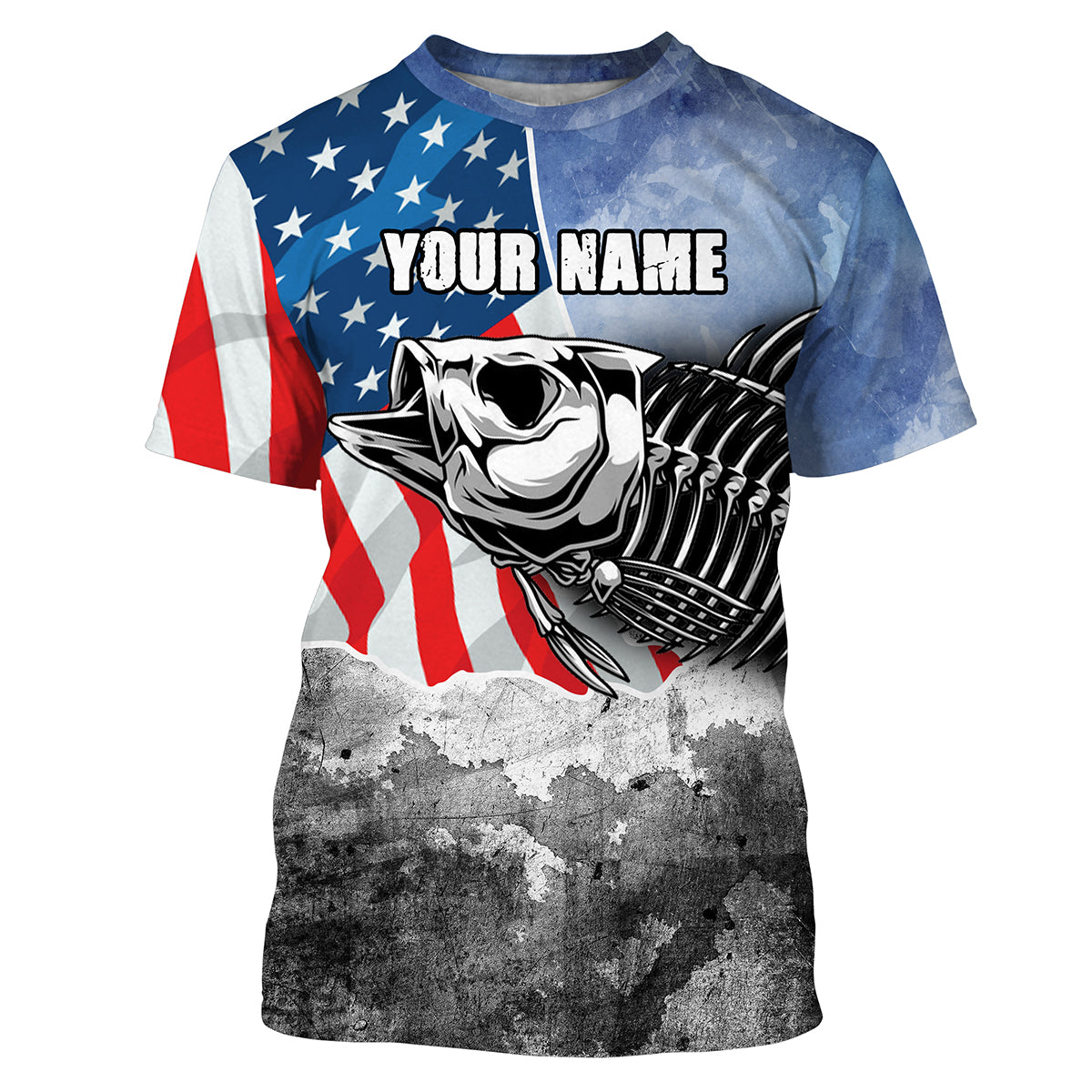 Bass Fishing Bass Skeleton American Flag Fishing custom name T-shirt, fishing gifts - HVFS022