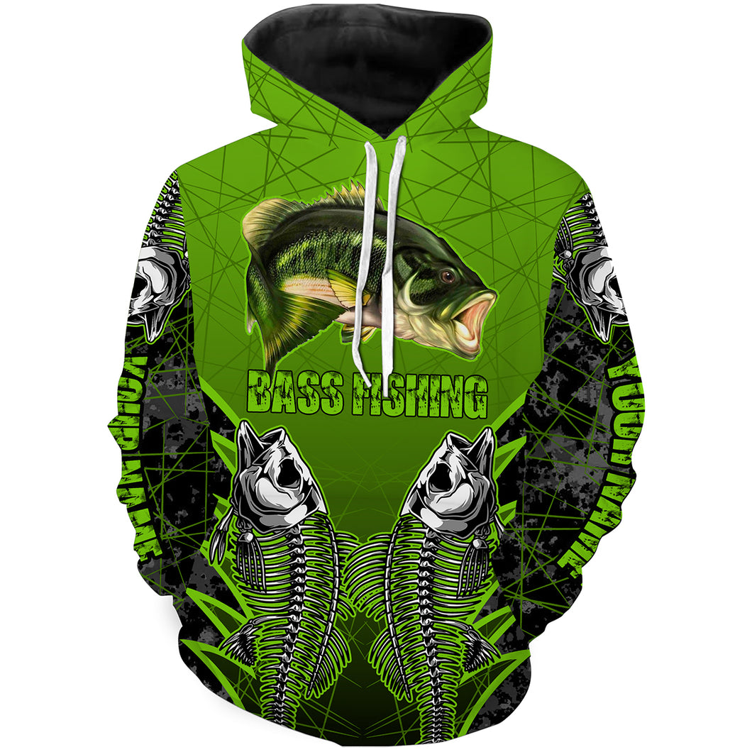 Bass fishing Bass Skeleton green Customize name 3D All Over Printed fishing hoodie HVFS015