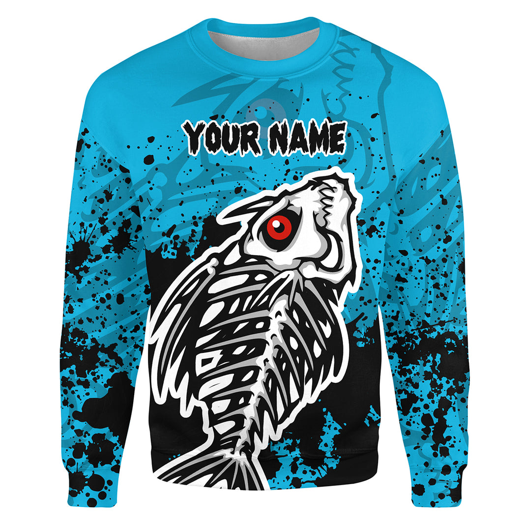 Fish Skeleton Blue fishing Customize name 3D All-over Print Crew Neck Sweatshirt HVFS016